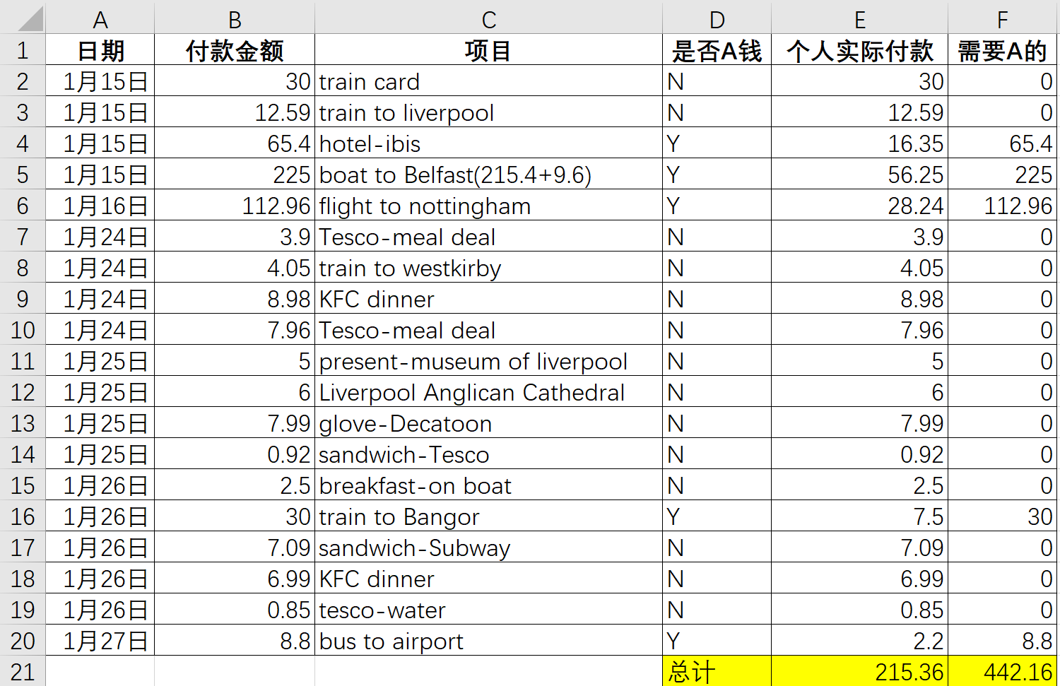 这是我假期北爱尔兰之旅的消费数据，请问这里面的primary key是什么？如何提取需要A钱的记录？