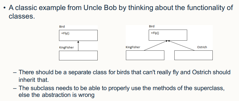 eg.duck can get inheritance from bird class and use fly(), but penguin can't get inheritance since they don't use fly()